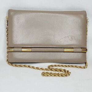 Vintage Ruth Saltex Leather Purse Taupe Goldtone Chain Strap Fold Over Flap